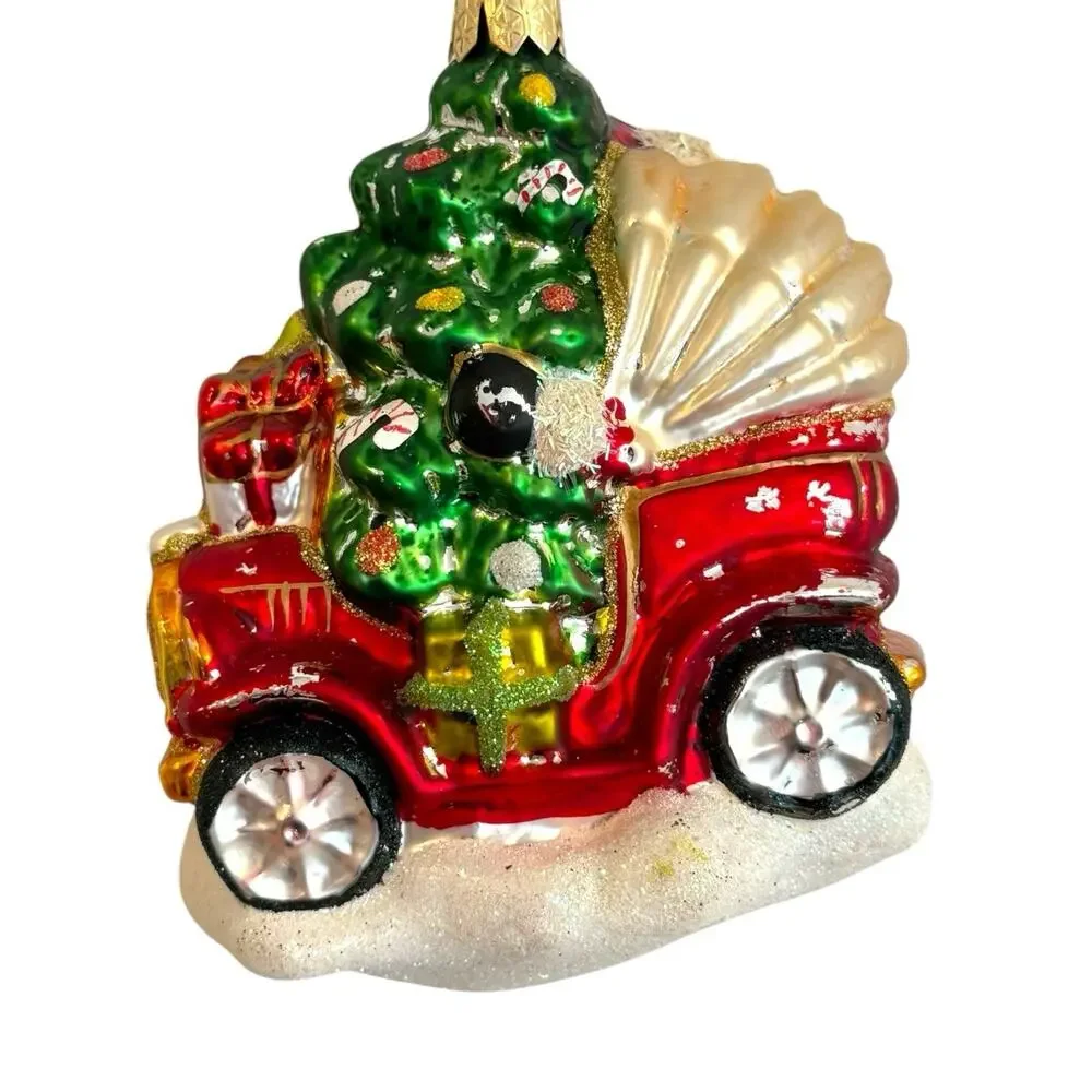 Lg Santa Riding Vintage Car Jalopy Glass Ornament w/Tree Teddy Bear‎ 5.5